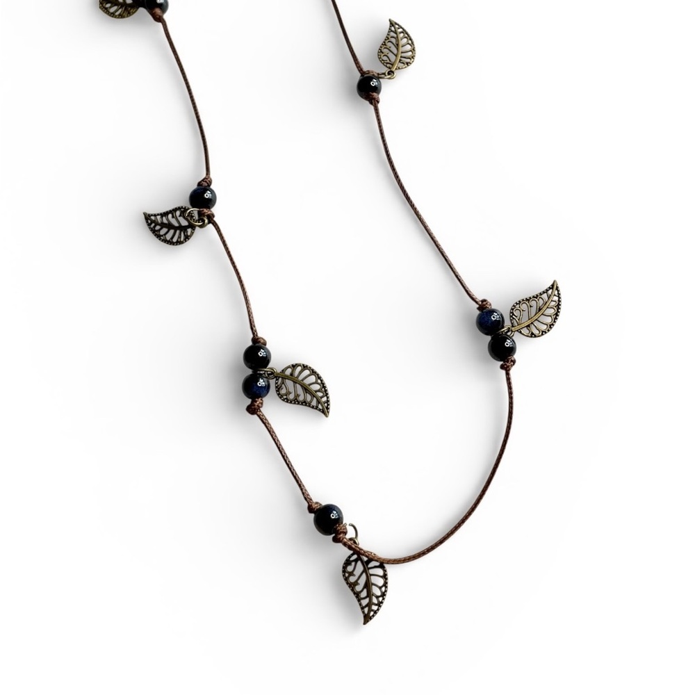 Bronze Leaf Necklace Brown Macrame Cord Navy Blue Beaded Bohemian